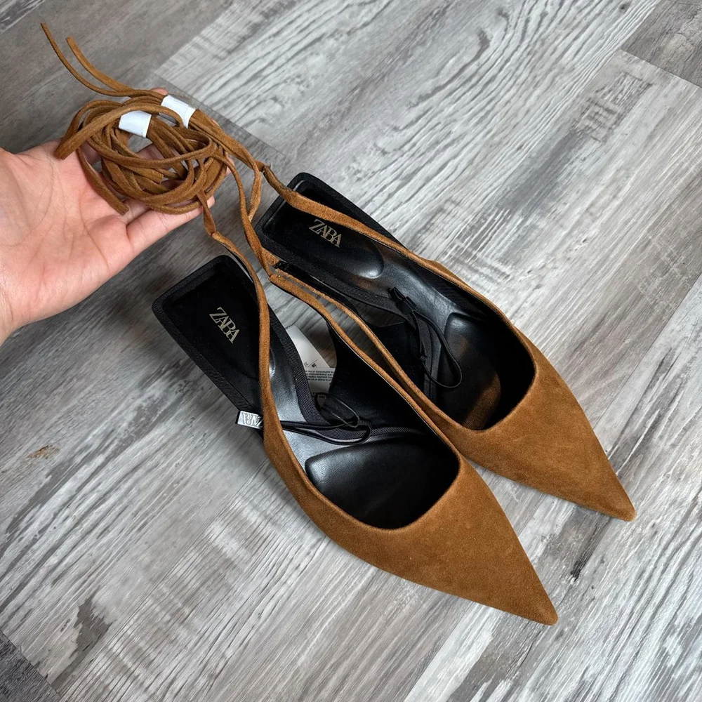 ZARA LACE-UP LEATHER SLINGBACK HEELS - BRAND NEW WITH TAGS - Picture 1 of 8